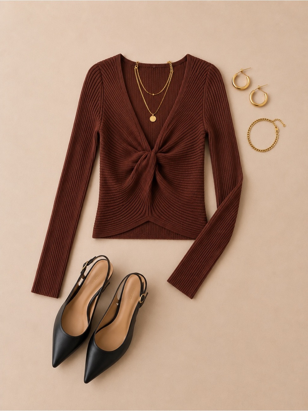 Abercrombie &Fitch Knot Front Ribbed Long Sleeve Top — Brown
